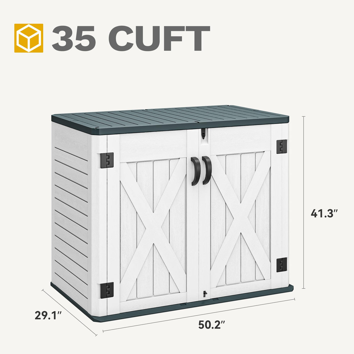 DWVO Outdoor Storage Shed, Weatherproof Resin, 35 Cu Ft Capacity, Horizontal Design, X-Shaped Lockable Door, Suitable for Bike, Garden Tools, Trash Cans, Light Gray DWVO