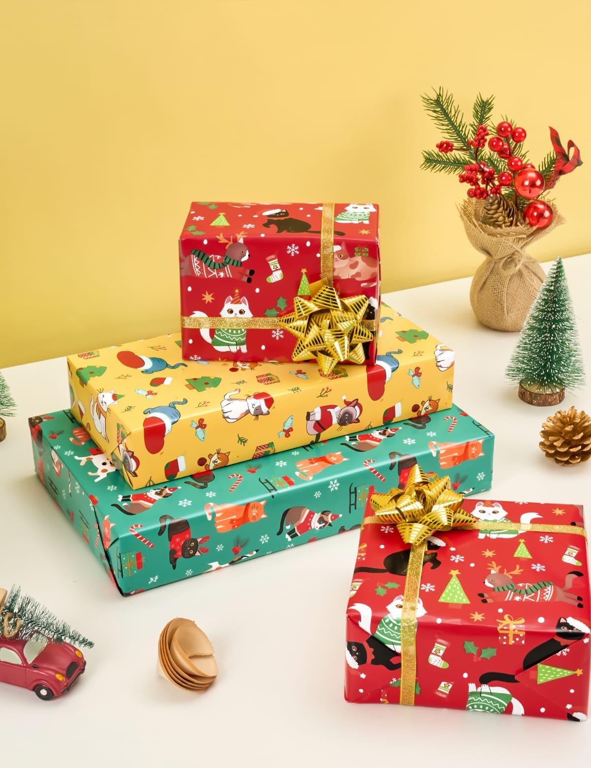 WERNNSAI Cat Christmas Wrapping Paper Rolls - 3 Rolls 17” x 120” Kids Cat Christmas Wrapping Paper Medium Roll Set Funny Kitten Christmas Wrapping paper Xmas Rolls Party Gift Decoration, for Girls/Boys WERNNSAI