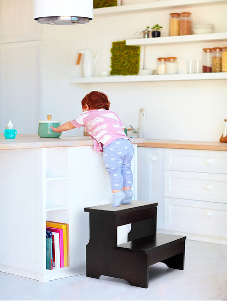 FANATU Wooden Two Step Stool - Heavy Duty 2 Step Stool for Adult and Kids - Holds up to 450Lb for Kichen/Bathroom/Bedside Step Stool (Walnut) FANATU