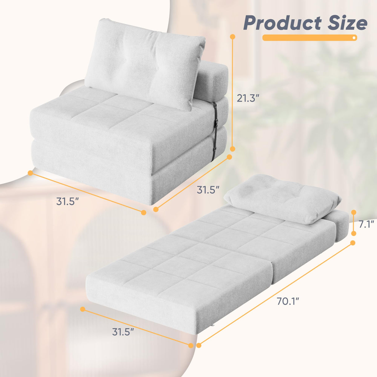 Homall Folding Sofa Bed, Convertible Sleeper Sofa Couch with Headrest & Lumbar Pillow, Chenille Fabric Chair Bed, Single Futon Mattress for Living Room, Apartment, Office (White) Homall