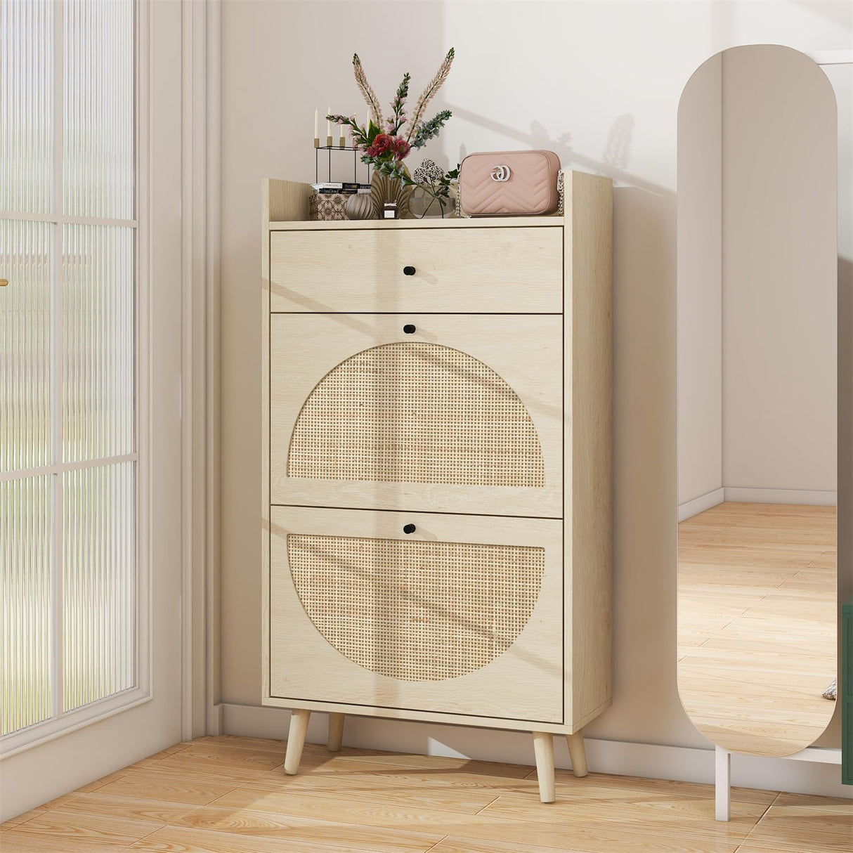 ZeHuoGe Natural Rattan Shoe Cabinet with 2 Flip Drawers, 2-Tier Shoe Rack Storage Cabinet for Heels, Slippers, Free Standing Shoe Rack for Entrance Hallway (Natural) ZeHuoGe