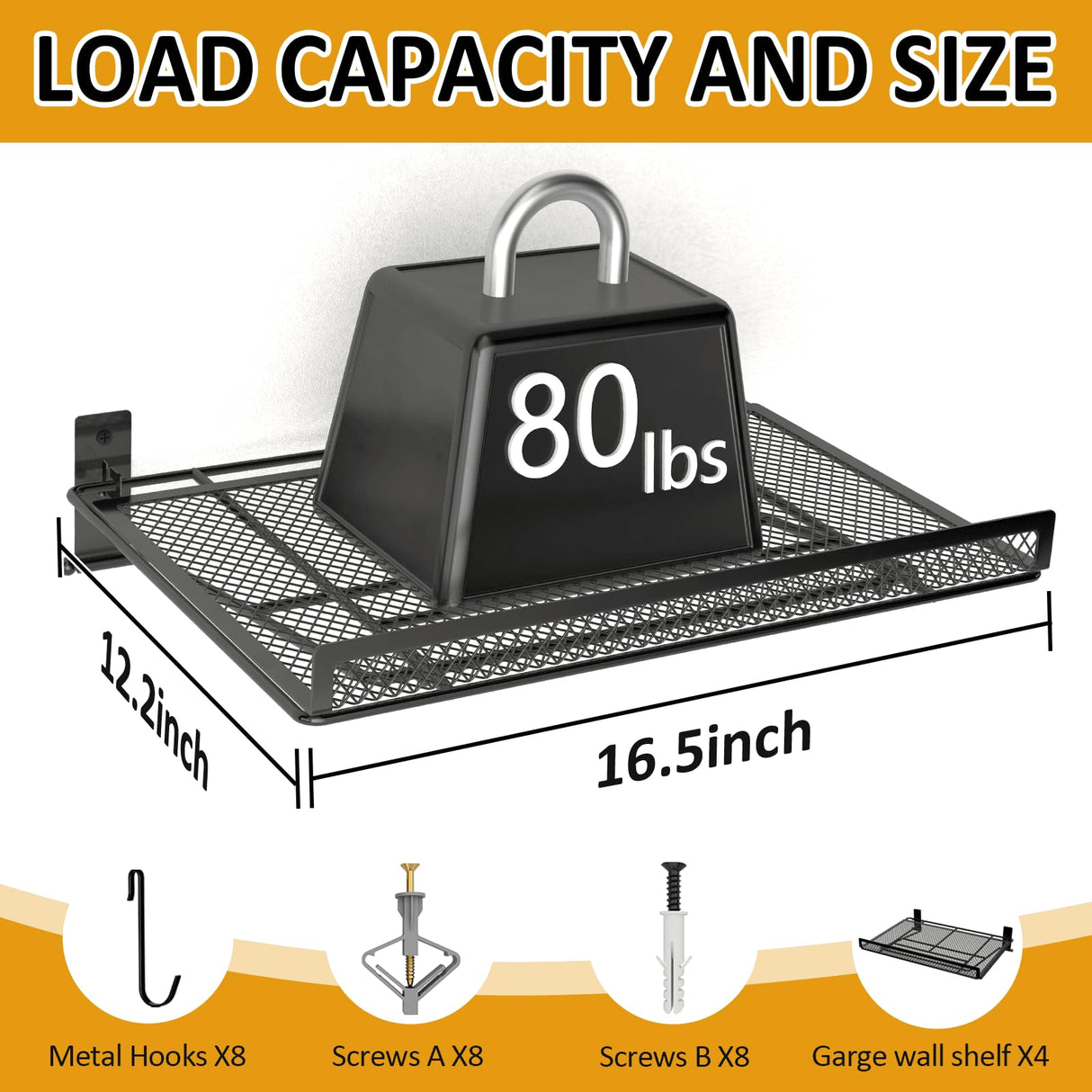 BABKAS 4 Pack Garage Wall Shelving, Metal Garage Wall Shelf with 8 Hooks, Heavy Duty Wall Shelves Mounted for Garage Storage, Laundry Room, Closet and Kitchen | Holds Up to 80 Lbs | 16.5" x 12.2" BABKAS