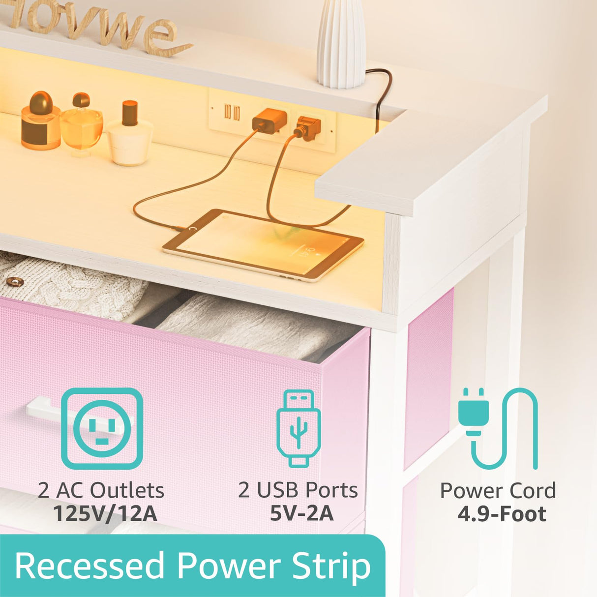 BOLUO Girls Dresser with LED Light and Charging Station for Bedroom 6 Fabric Drawer Dresser with USB Outlet Modern Pink BOLUO