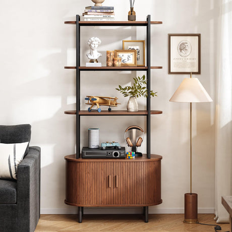 ONBRILL 71" Tall Bookshelf, 4-Tier Book Shelf with Storage Cabinet, Modern Bookcase with Sliding Door and Adjustable Footpad, Freestanding Storage Organizer Bookshelf for Living Room, Bedroom, Walnut ONBRILL