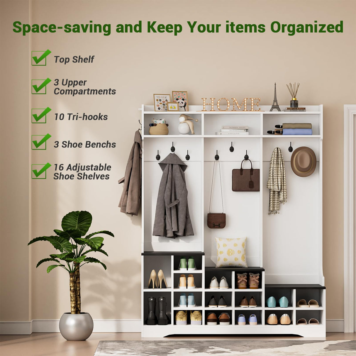 77" Hall Tree with Shoe Storage and Coat Rack, Farmhouse Entryway Bench, 16 Shoe Cubbies & 10 Coat Hooks, 15.8"D x 59"W x 77"H, Freestanding Entrance Storage Cabinet for Entryway Hallway, White Yeyawomy