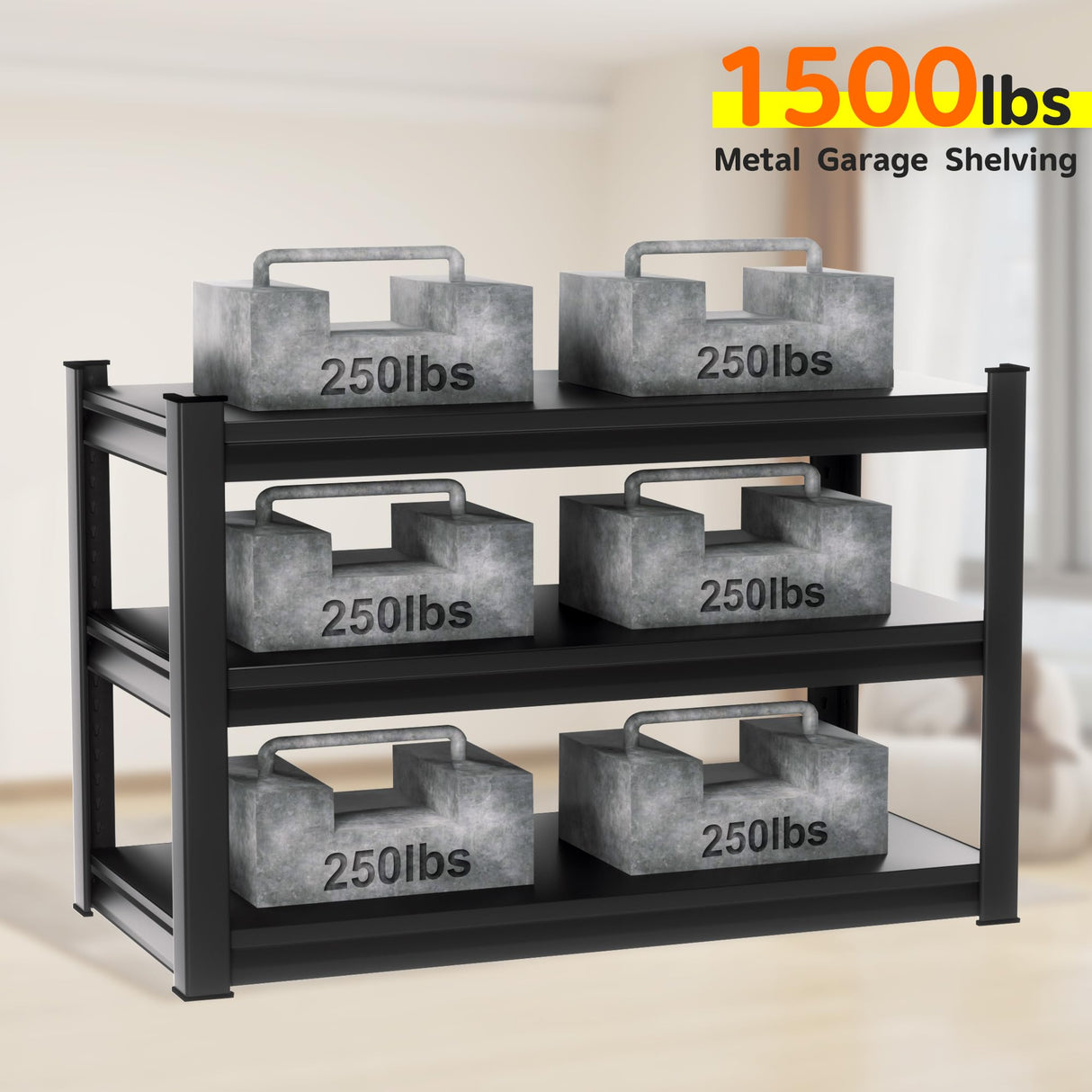 SUPPNEED Adjustable Garage Shelving Heavy Duty 1500LBS Loads, 48”W Large Shelving Units and Storage,48”W×16”D×36”W Garage Storage Shelves,3-Tier Metal Shelves for Warehouses,Kitchen(Black) SUPPNEED