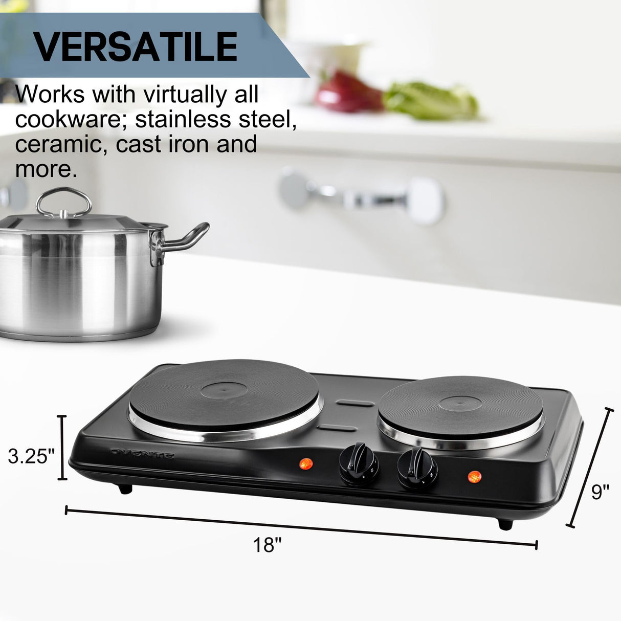 OVENTE Electric Countertop Double Burner, 1700W Cooktop with 7.25" and 6.10" Cast Iron Hot Plates, Temperature Control, Portable Cooking Stove and Easy to Clean Stainless Steel Base, Black BGS102B OVENTE