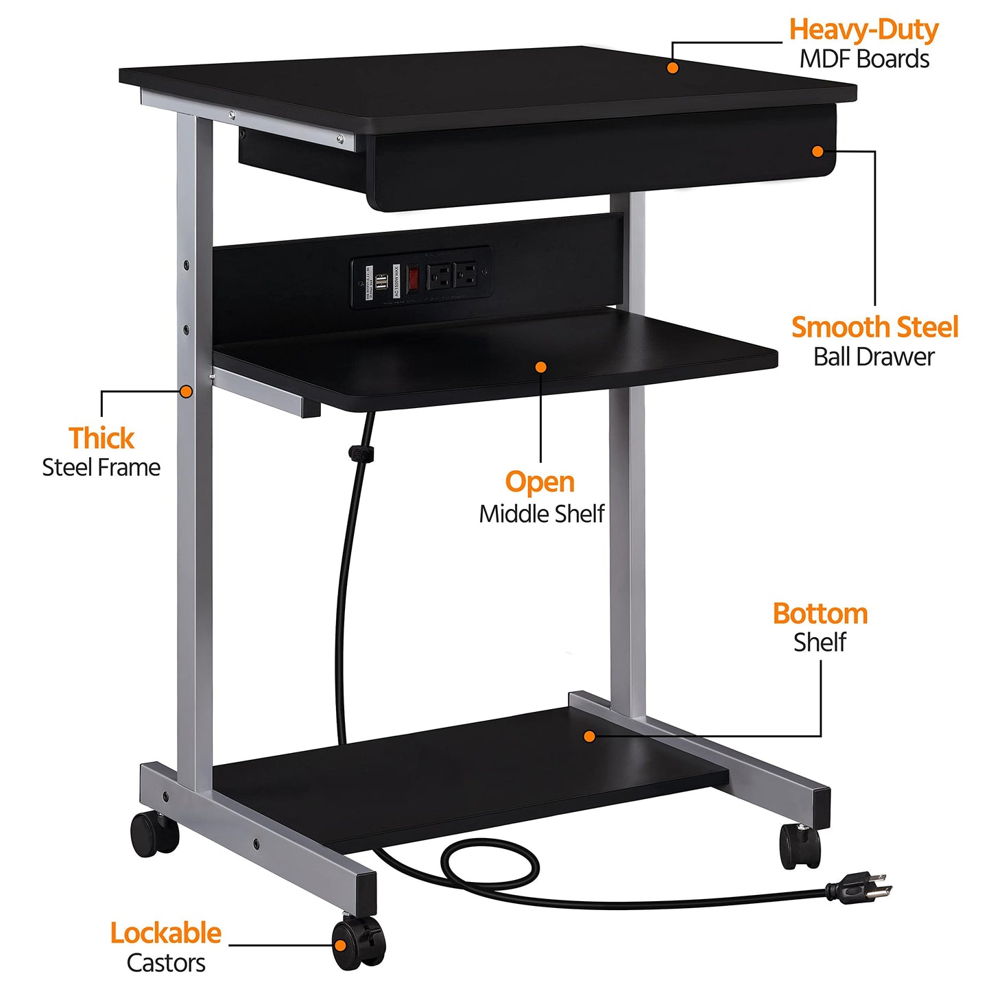 Yaheetech 22 in Laptop Computer Table Home Office Desk with Power Outlet for Small Space, Mobile Compact Corner Desk with Charging Station and USB Ports on Wheels, Student Writing Desk Table, Black