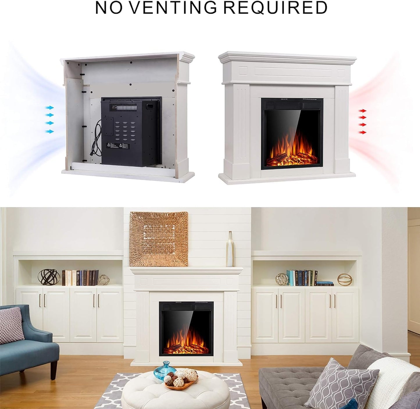 44" Electric Fireplace with Mantel Package Freestanding Fireplace Heater Corner Firebox with Log & Remote Control,750-1500W,Pearl White