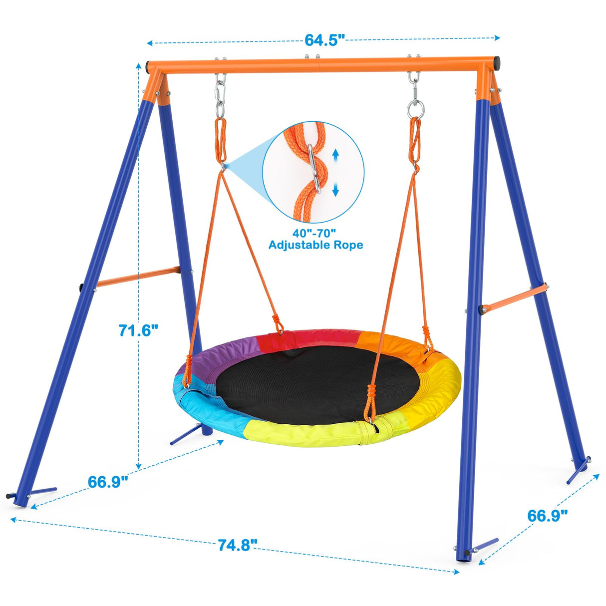 GIKPAL Saucer Swing with Stand for Kids Outdoor, 440lbs Swing Set with Heavy-Duty Metal Frame and Adjustable Ropes, Safe Waterproof Round Playset for Backyard Playground Park, Rainbow Color GIKPAL