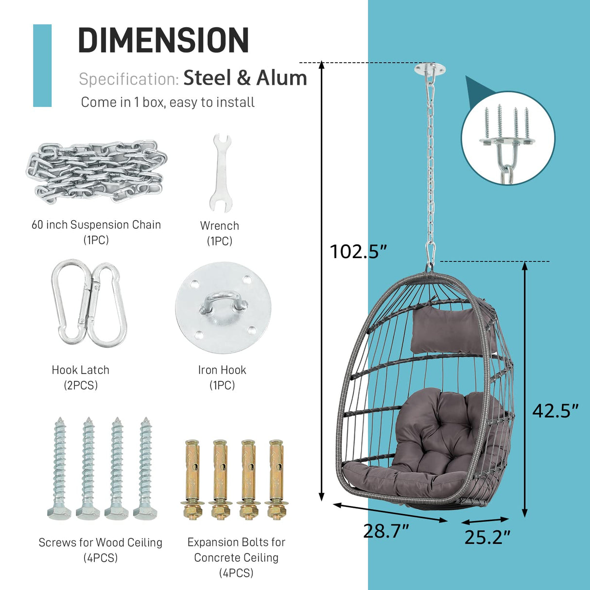 Patiorama Indoor Outdoor Egg Swing Chair Without Stand, Patio Wicker Rattan Hanging Chair w/Cushion, 350lbs Capacity, All Weather Foldable Hammock Chair Basket Chairs for Bedroom, Porch (Dark Grey) Patiorama