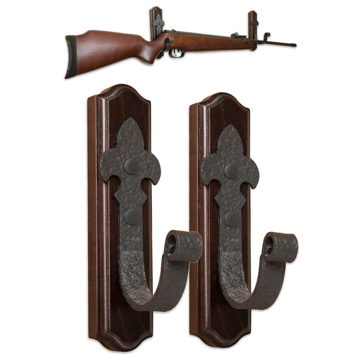 TESLYAR Gun Rack Wall Mount Hold Up Displays Horizontal Gun Rack and Shotgun Hooks Store Rifle Shotgun Bow Real Hardwood Hanger Brown TESLYAR