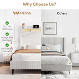 Queen Bed Frame with Tall Headboard, 55.3" Upholstered Platform Queen Size Bed Frame, Elegant Corduroy Wingback Bed with LED Lights & Charging Station, No Box Spring Needed, Solid Wood Slats, Cream Welzona