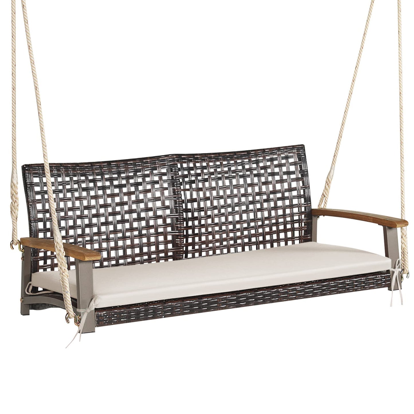 RELAX4LIFE 2-Seater Outdoor Porch Swing - PE Wicker Porch Loveseat Swing with 118” Hanging Ropes, Comfortable Cushion & Acacia Wood Armrests, Hanging Swing Bench for Porch, Garden, Yard (Off  - WoodArtSupply