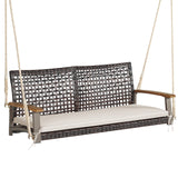 RELAX4LIFE 2-Seater Outdoor Porch Swing - PE Wicker Porch Loveseat Swing with 118” Hanging Ropes, Comfortable Cushion & Acacia Wood Armrests, Hanging Swing Bench for Porch, Garden, Yard (Off White) RELAX4LIFE
