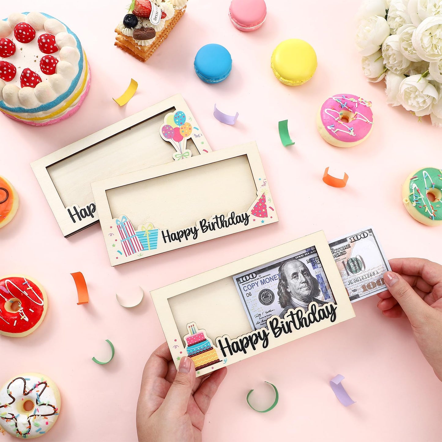 Beeveer 3 Pieces Birthday Money Gift Holder Wooden Birthday Card Box Cash Holder Cake Balloons Cash Envelope Money Wallet Birthday Money Gift DIY Money Holder Birthday Present for Birthday Pa - WoodArtSupply