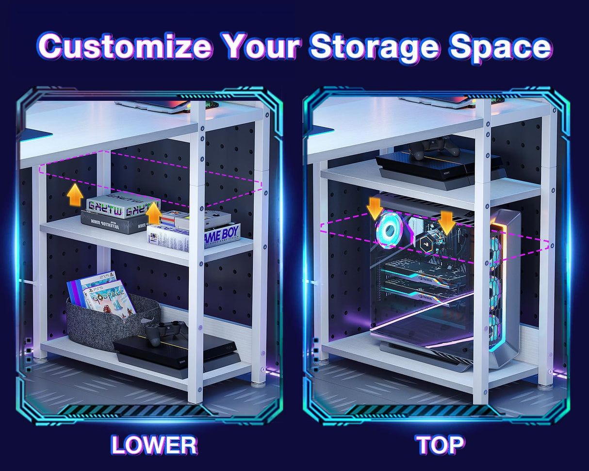 ODK Reversible Gaming Desk with USB Charging Port and LED Lights, 40 Inch Computer Desk with Storage Shelves & Monitor Stand, Writing Study Table for Home Office, Small Space Bedroom, White ODK