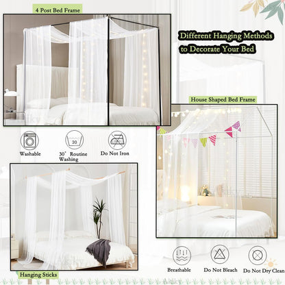 Akiky Canopy Bed Curtains with Light Princess Bed Canopy Scarf for Full/Queen Metal Bed Frame,Wood Frame Bed-2 Panel Sheer Curtain(Full/Queen,White)