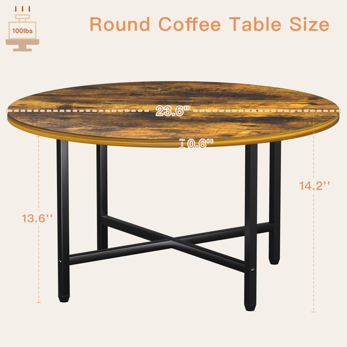 FAMIDGE Round Coffee Table, Small Coffee Tables for Living Room, Circle Coffee Table with Metal Frame, Floor Table Desk for Sitting on The Floor, Home, Office, Rustic Brown (23.6" D x 14.2" H) FAMIDGE