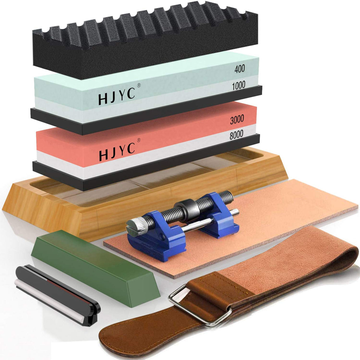 Knife Sharpening Stone Set,4 Side Grit 400/1000 3000/8000 Water Stone,Whetstone Kit with Non-slip Bamboo Base,Flattening Stone,Angle Guide,Leather Strop,Polishing Compound and Honing Guide. HJYC