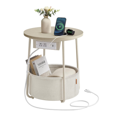 VASAGLE Side Table with Charging Station, Round End Table, Nightstand with Power Outlets, USB Ports, Fabric Basket, Living Room, Bedroom, Modern, Cream White ULET228N01 VASAGLE