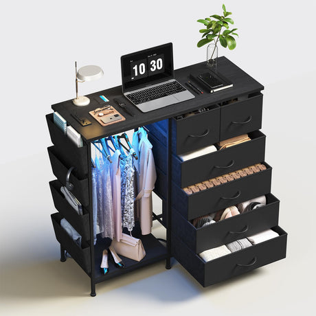 WODRAWER 6 Drawer Dresser for Bedroom with Clothes Rack, Clothes Dresser with Side Pockets and Hooks, Charging Station & LED Lights, Wooden Top, Fabric Storage (Black) WODRAWER