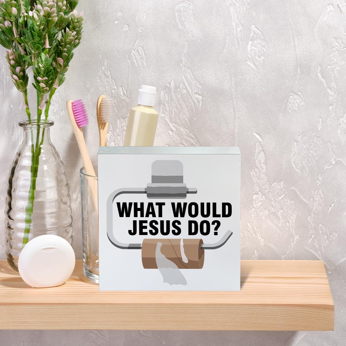 Farmhouse What Would Jesus Do Wooden Box Sign Bathroom Wood Block Tabletop Sign Decorative Desk Sign Home Shelf Decor 5 X 5 Inches - WoodArtSupply