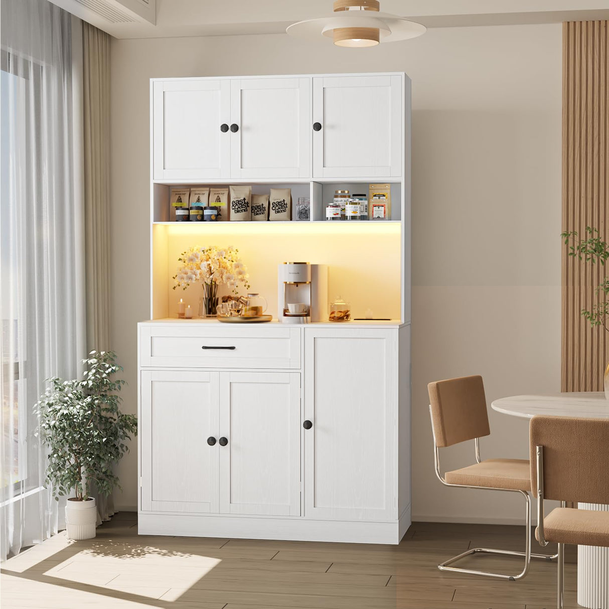 FJTJBSI 72" Kitchen Pantry Cabinet with Charging Station and LED Light Tall Pantry Storage Cabinet with Adjustable Shelves Freestanding Kitchen Hutch with Countertop for Dining Room White FJTJBSI