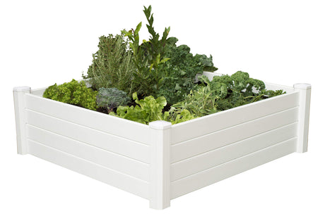 NuVue Products 26001 Premium Outdoor Raised Garden Bed for Growing Edible Plants and Flowers, BPA-Free Woodgrain Panel Elevated Planter Box, 48” L x 48” W x 15” H, White NuVue