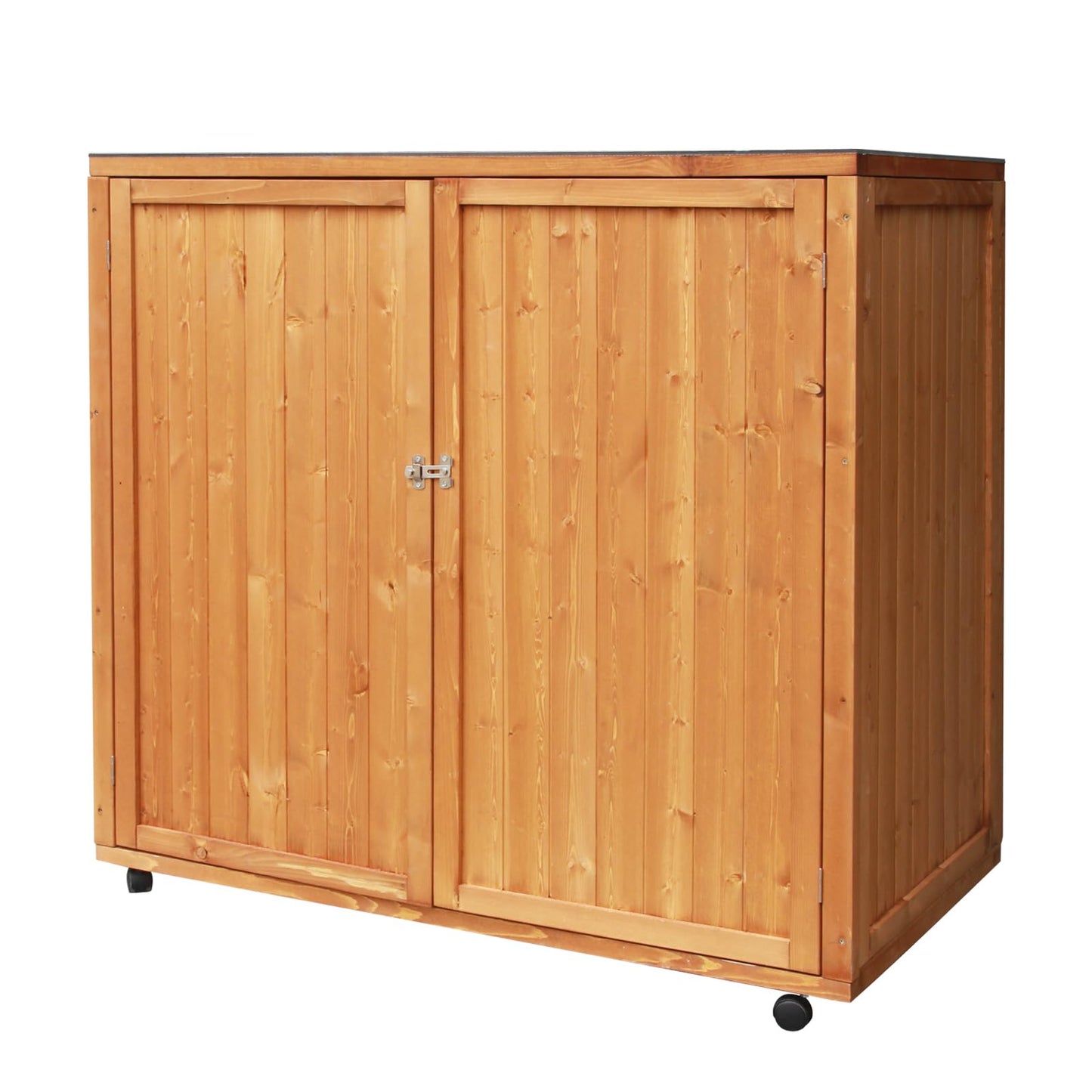 YTGLEN 4x2 FT Wooden Outdoor Trash Can with Lid, Horizontal Storage Shed with Lockable Door and Removable Wheel, Outdoor Storage Box for Patio Tools, Trash Cans, and Garden Accessories