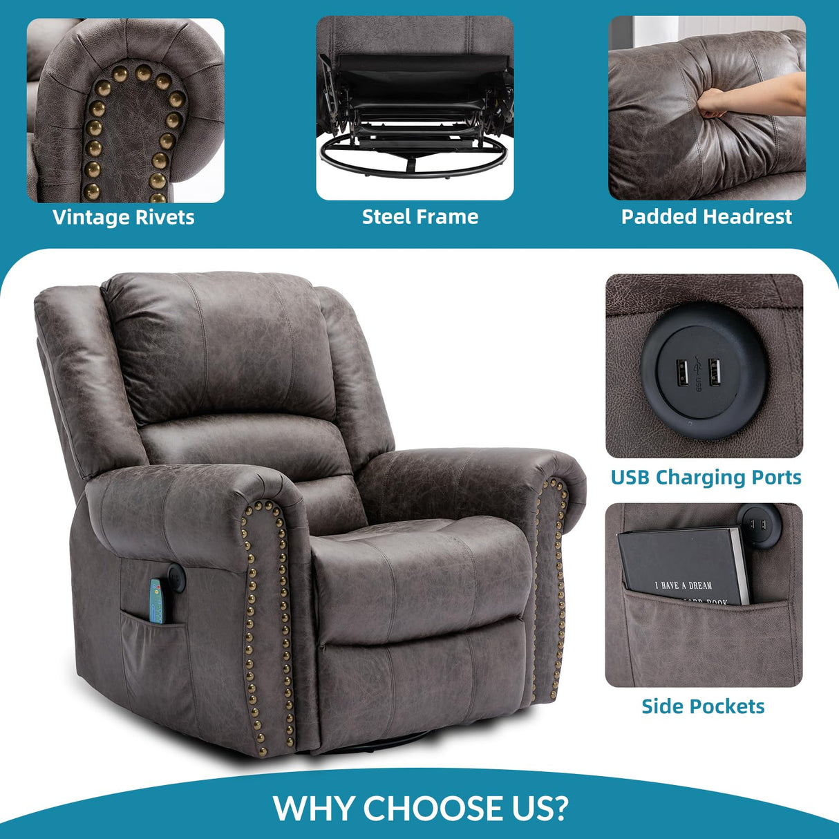 OUINCH Manual 360 Degree Swivel Glider Rocker Recliner Chair with Massage and Heat, USB Ports and 2 Side Pockets, Bronze Suede Like Fabric, Grey OUINCH