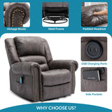 OUINCH Manual 360 Degree Swivel Glider Rocker Recliner Chair with Massage and Heat, USB Ports and 2 Side Pockets, Bronze Suede Like Fabric, Grey OUINCH