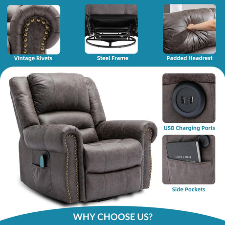 OUINCH Manual 360 Degree Swivel Glider Rocker Recliner Chair with Massage and Heat, USB Ports and 2 Side Pockets, Bronze Suede Like Fabric, Grey OUINCH