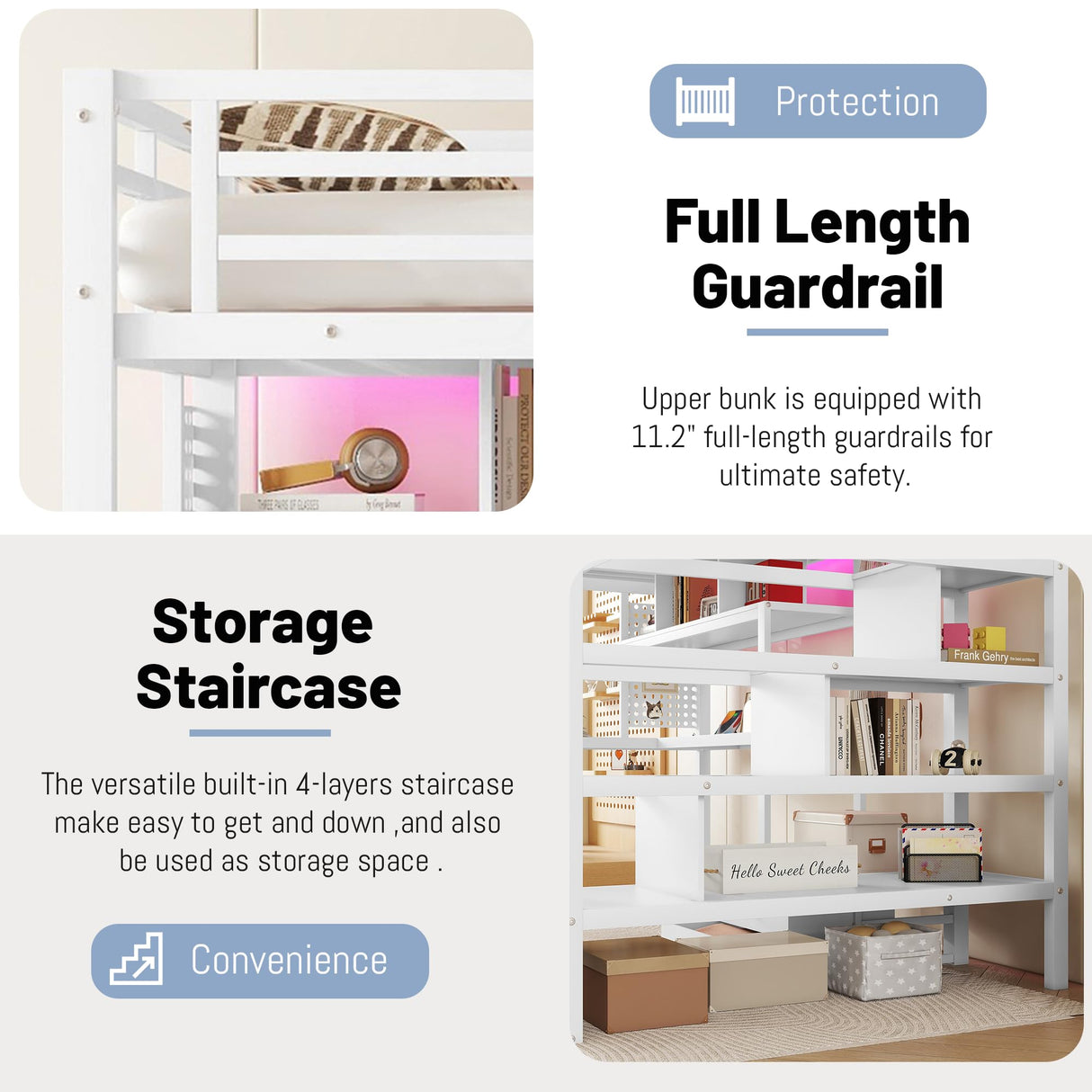 MoproBeti Full Size Loft Bed with Desk and Stairs,Metal Gaming Loft Bed with LED,Charging Station, High Loft Bed Full with Storage Shelves,Wardrobe and Drawers for Kids Teens, Adults, White MoproBeti