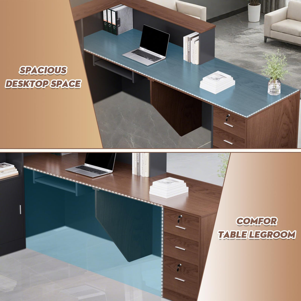 L-Shaped Large Wooden Reception Desk, Modern Front Desk Reception Counter with Lockable Drawers & Storage & Keyboard Tray, for Checkout, Lobby (Right-Walnut/Black, 87''L x 42''W x 41''H) Yorkgargen