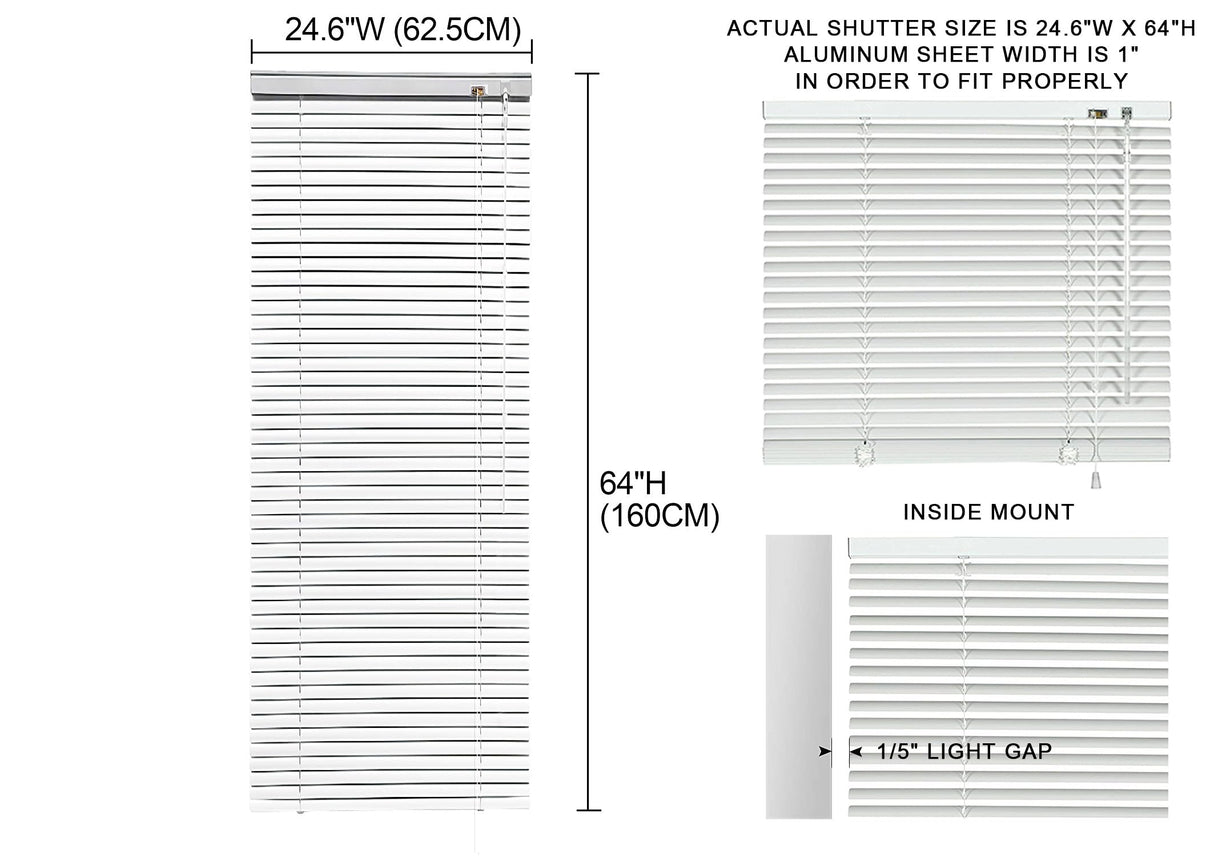 YIIBAII Mini Blinds Suitable for 25" W x 64" H Windows 1" Aluminum Horizontal Venetian Blinds Darkening with Rope and Pole can Mounted Inside or Outside YIIBAII
