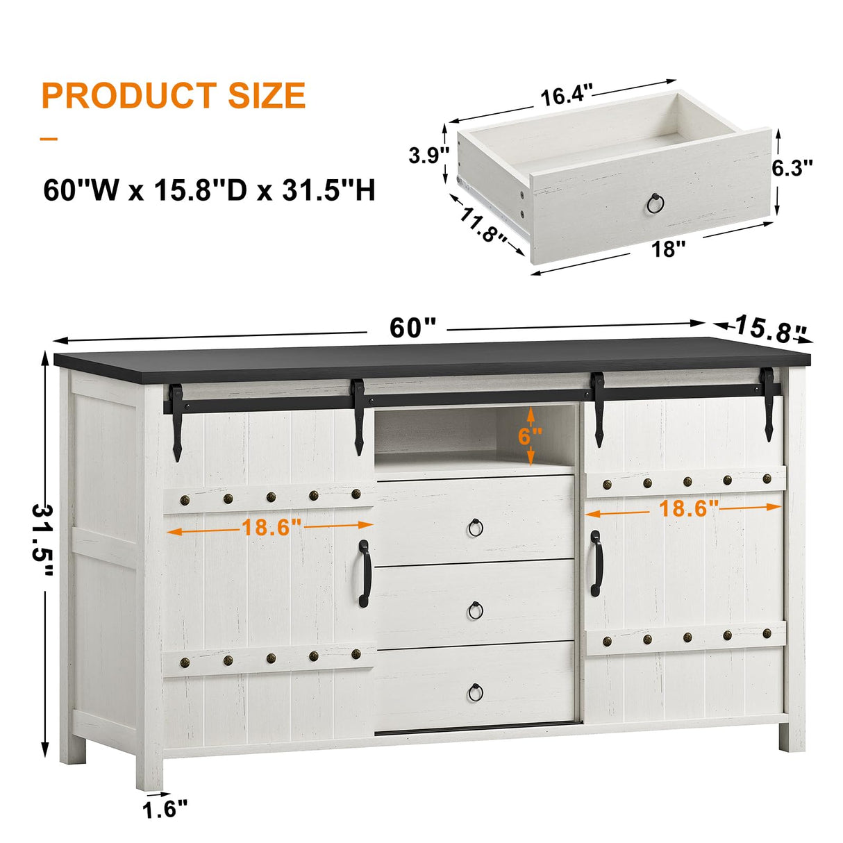 REAHOME Buffet Cabinet with Storage, 60" Sideboard Buffet Cabinet with Sliding Barn Doors & 3 Drawers, Farmhouse Wood Coffee Bar Cabinet Buffet Table for Kitchen, Dining Room,Living Room, White REAHOME