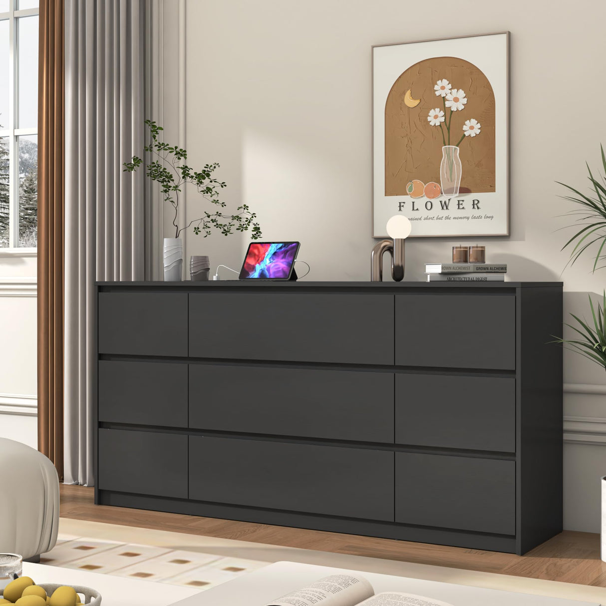 Black Dresser for Bedroom, 63 Inch Long 9 Drawers Dresser with Charging Station, Modern Large Wood Chest of Drawers Handle Free for Bedroom, Living Room, Entryway, Hallway, Black jiteentarou