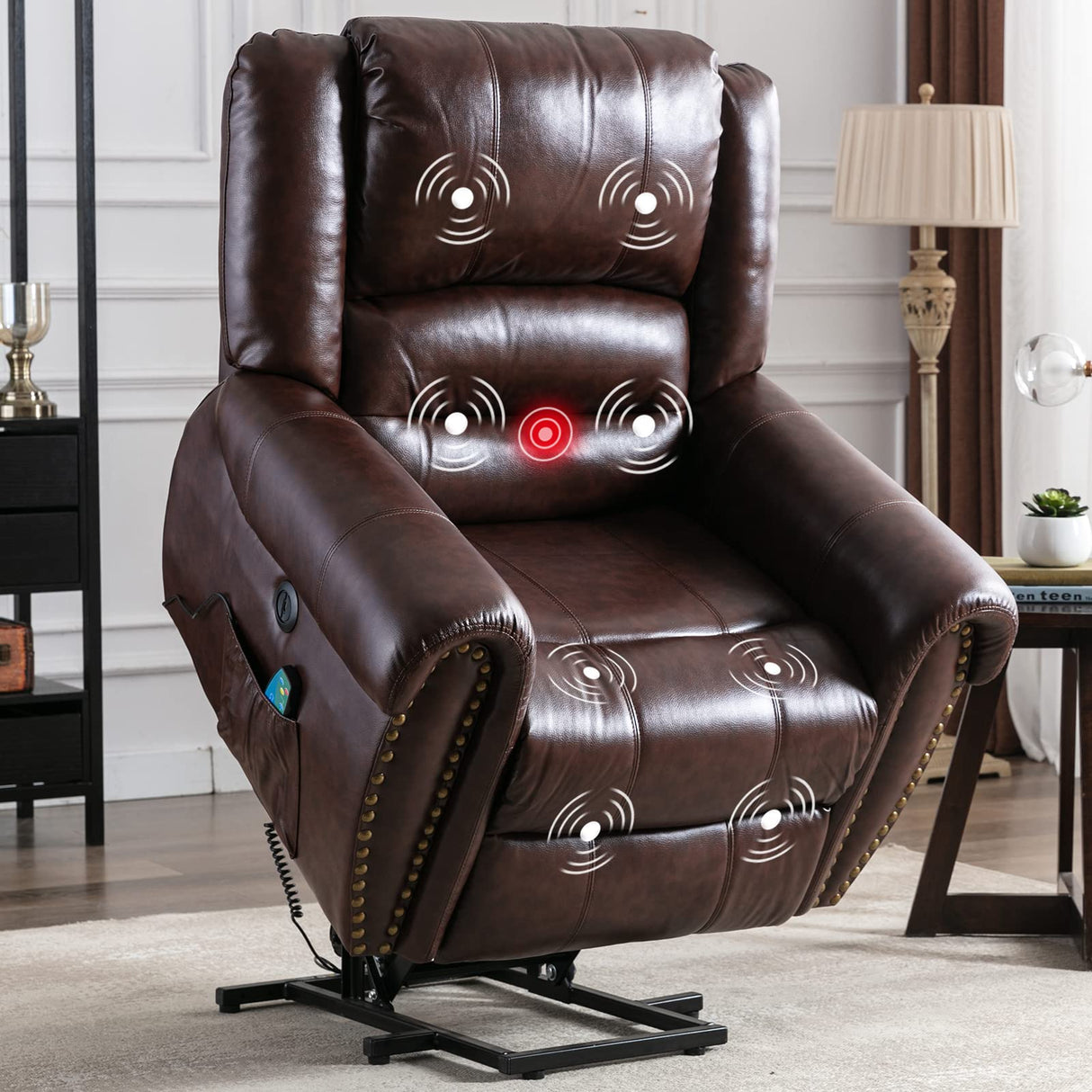ANJ Large Power Lift Recliner Chairs with Massage and Heat, Faux Leather Electric Lift Chairs for Elderly People, Recliners for Big and Tall Man, Single Lounge Sofa with USB Port (Red Brown) ANJ