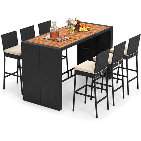 Tangkula 7 Piece Patio Wicker Bar Set, Patiojoy Outdoor Acacia Wood Bar Height Table & 6 Rattan Bar Stool Chairs with Backrest and Footrest, for Bistro Garden Balcony Tangkula