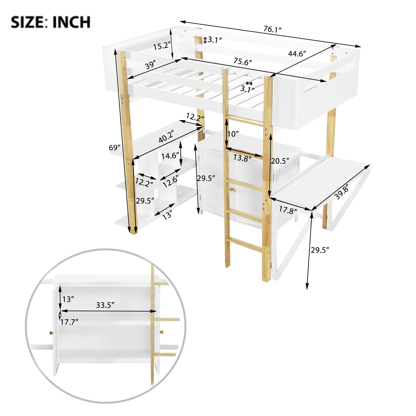 Harper & Bright Designs Twin Size Loft Bed with Foldable Desk, Bookshelf and Built-in Storage Cabinet, Wood Loft Bed Frame, White