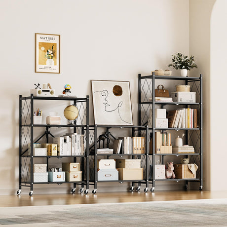 HealSmart Heavy Duty 4-Tier Foldable Metal Rack, 14.96" D x 27.95" W x 49.61" H Storage Shelving Unit 1000 lbs with Wheels Moving Easily Organizer Shelves Great for Garage Kitchen, Black HealSmart