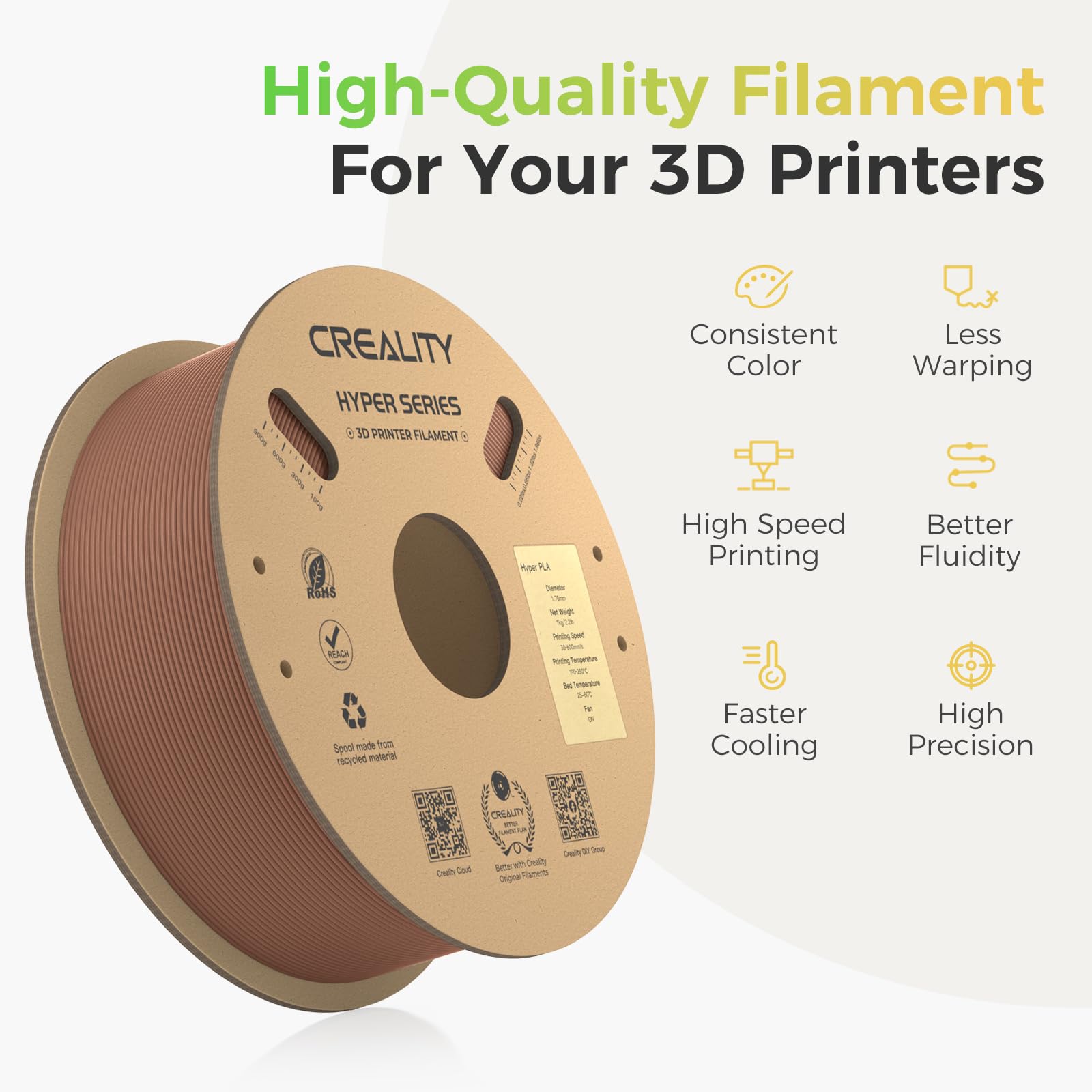 Creality Hyper PLA Filament 1.75mm, 3D Printer Filament, for High-Speed Printing, Neatly Wound Filament, Durable and Strong Toughness Dimensional Accuracy +/-0.02mm, 2.2lbs(1kg)/Spool (Brown) - WoodArtSupply