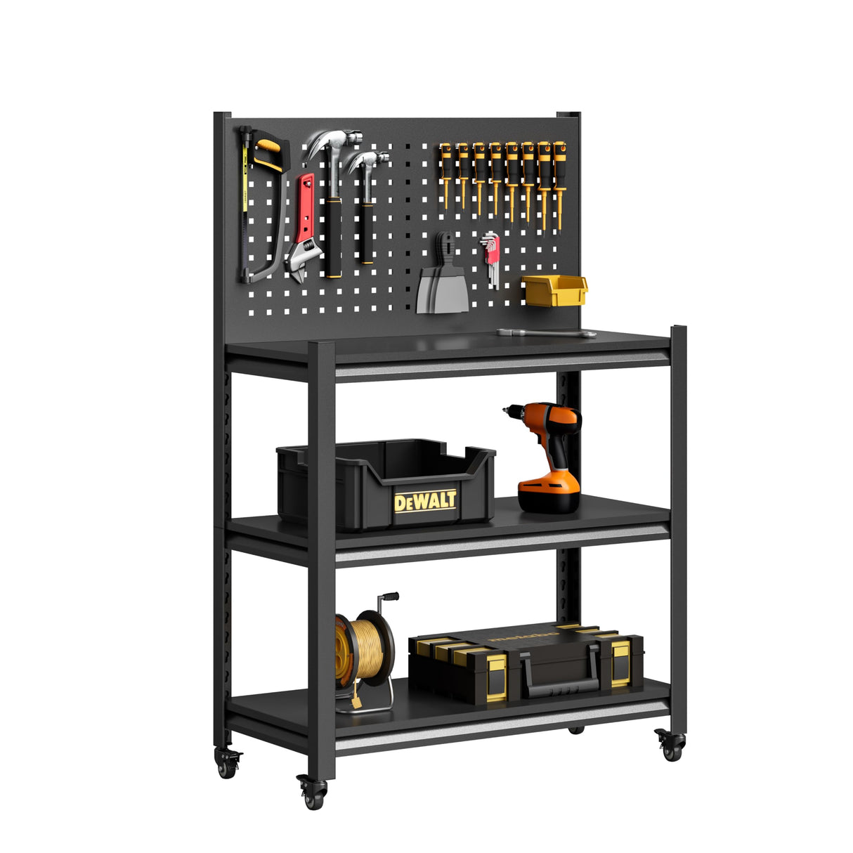 TOPASS WorkBench with Pegboard, Adjustable Heavy Duty Work Table with Wheels, Heavy Duty Workstation, Metal Tool Work Bench for Garage Warehouse Workshop, 48" H x 18" D x 34" W(with Pegboard) Topass