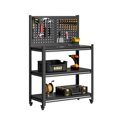 TOPASS WorkBench with Pegboard, Adjustable Heavy Duty Work Table with Wheels, Heavy Duty Workstation, Metal Tool Work Bench for Garage Warehouse Workshop, 48" H x 18" D x 34" W(with Pegboard)