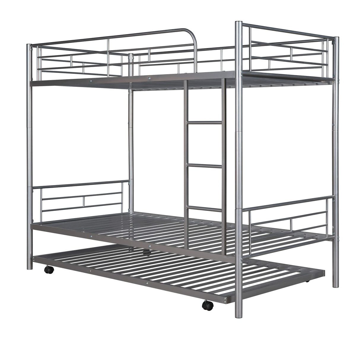 Metal Bunk Bed with Trundle Twin Over Twin Bunk Bed Frame with Ladder and Safety Rails for Kids Triple Metal Bunk Can be Divided into Two beds, Silver Bellemave