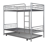 Metal Bunk Bed with Trundle Twin Over Twin Bunk Bed Frame with Ladder and Safety Rails for Kids Triple Metal Bunk Can be Divided into Two beds, Silver Bellemave