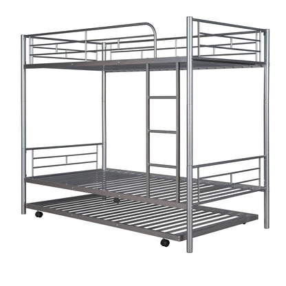 Metal Bunk Bed with Trundle Twin Over Twin Bunk Bed Frame with Ladder and Safety Rails for Kids Triple Metal Bunk Can be Divided into Two beds, Silver