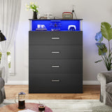 AOGLLATI Dresser for Bedroom with Column Design, 4 Drawer Dresser with Charging Station, Modern Bedroom Led Tall Black Dresser for Bedroom Closet AOGLLATI