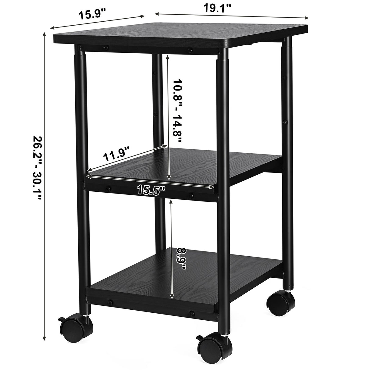 VASAGLE Industrial Printer Stand, 3-Tier Machine Cart with Wheels and Adjustable Table Top, Heavy Duty Storage Rack, Black VASAGLE